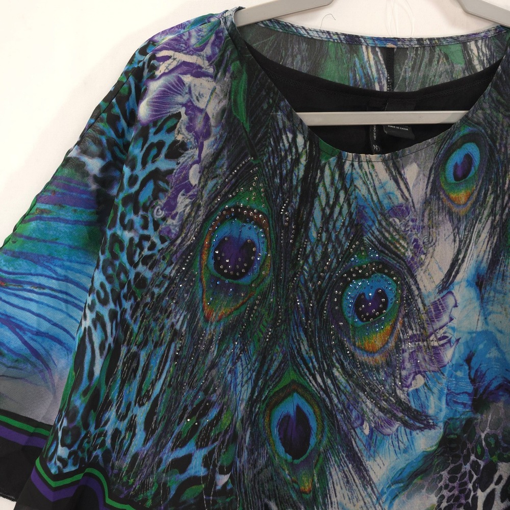 Peacock Print Poncho Blouse Sheer Overlay Beaded L Boho Statement Top Resort - Picture 6 of 9